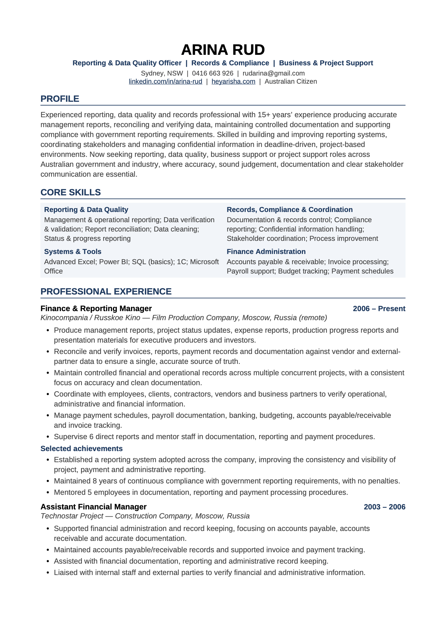 Page 1 preview of Arina Rud resume